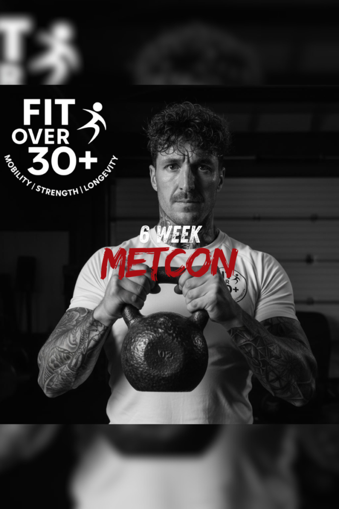 Dark industrial gym equipment background for the 6-Week Hybrid Met-Con Protocol fitness programme cover.