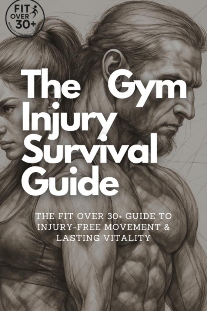 Fit Over 30 Plus Gym Injury Survival Guide cover, featuring illustrations of athletes and anatomical joints, focusing on injury prevention and longevity.
