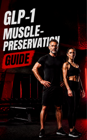 Athletic man and woman over 40 in a dark gym representing strength and muscle preservation during GLP-1 weight loss.