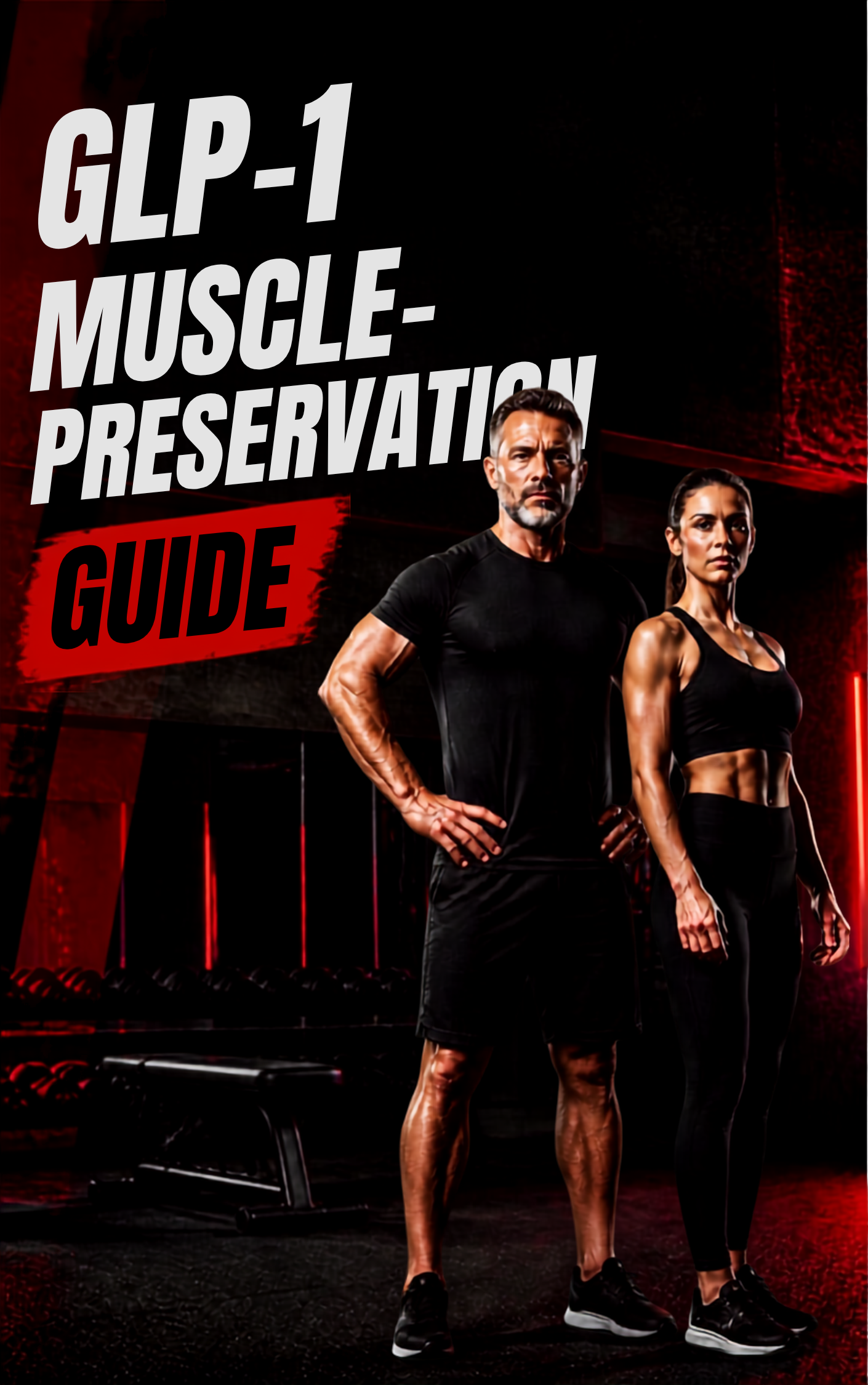 Athletic man and woman over 40 in a dark gym representing strength and muscle preservation during GLP-1 weight loss.